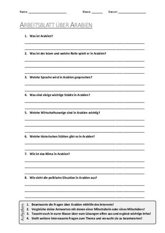 Arbeitsblatt zum Thema "Arabien" | Unterricht.Schule